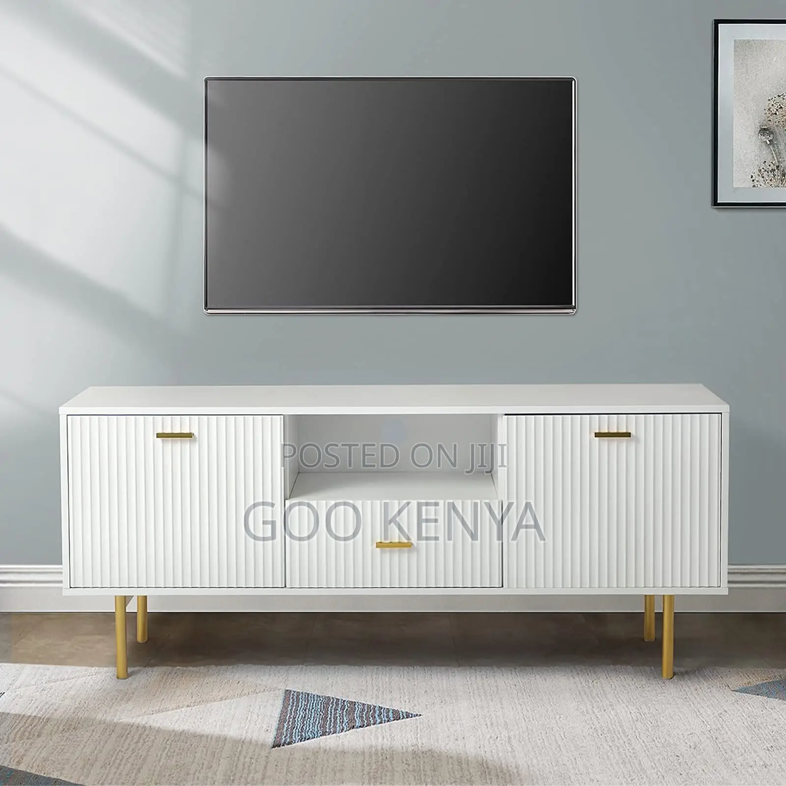 Home Tv Cabinet; Premium White Tv Stand With Drawers and Wood Finish