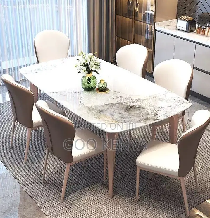 Home Dining Set; Marble Rectangle Dining Table Set of Six