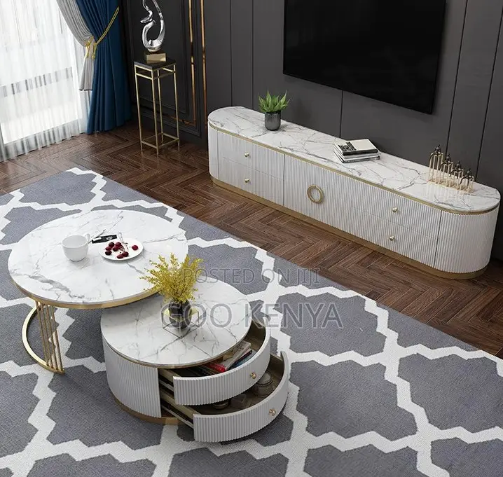 Home Tv Table Set; Glossy Marble Tv Unit and Table Set for Living Room
