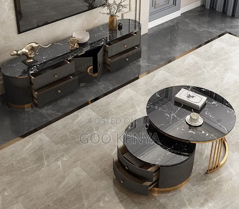 Home Tv Table Set; Glossy Marble Tv Unit and Table Set for Living Room