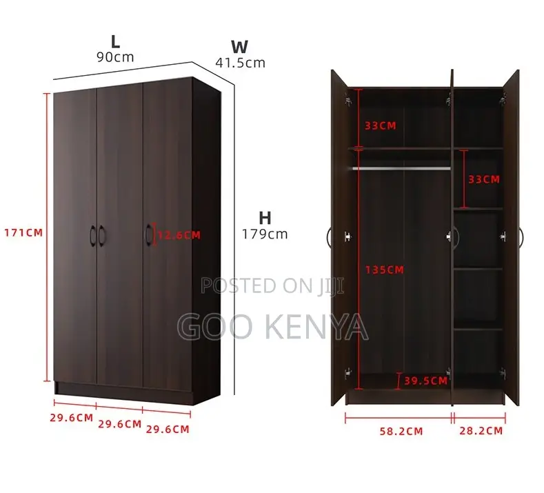 Home Wardrobe; Dark Brown 3-Door Bedroom Wardrobe With Shelves and Rod