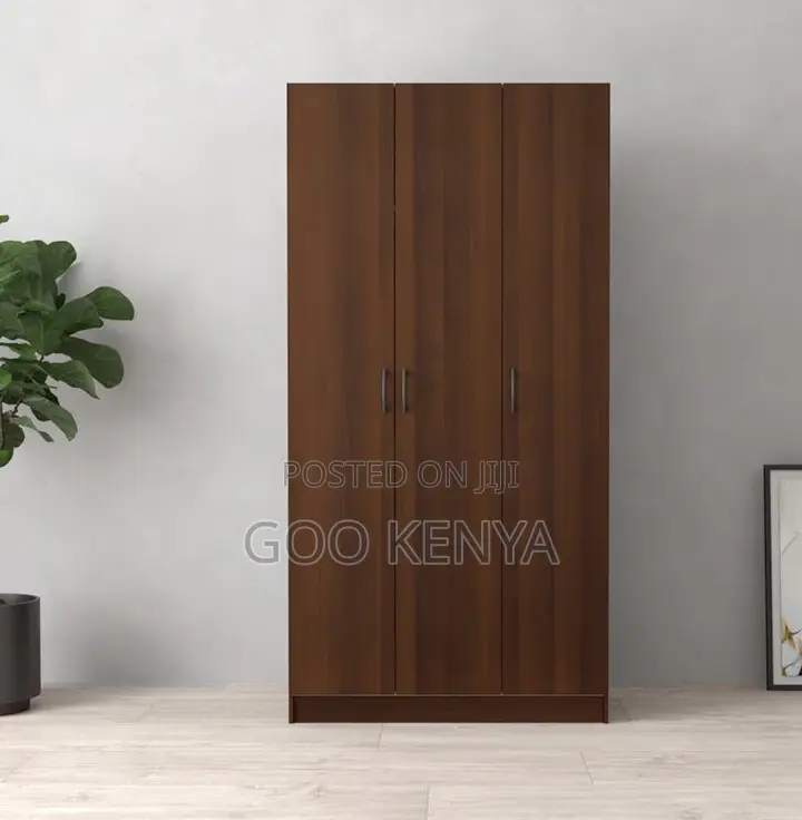 Home Wardrobe; Dark Brown 3-Door Bedroom Wardrobe With Shelves and Rod