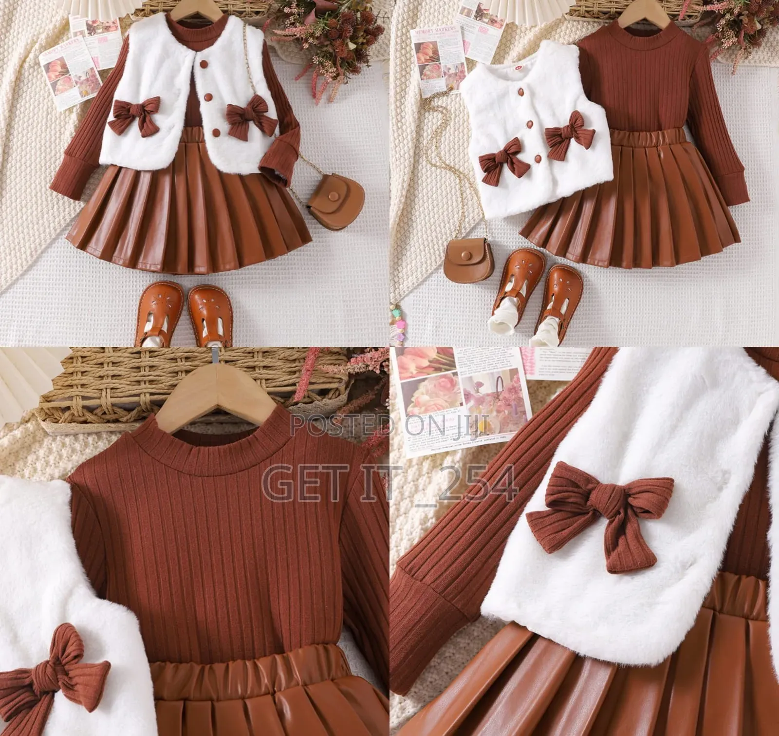 *3pc Quality Girls Pleated Leather Skirt Set