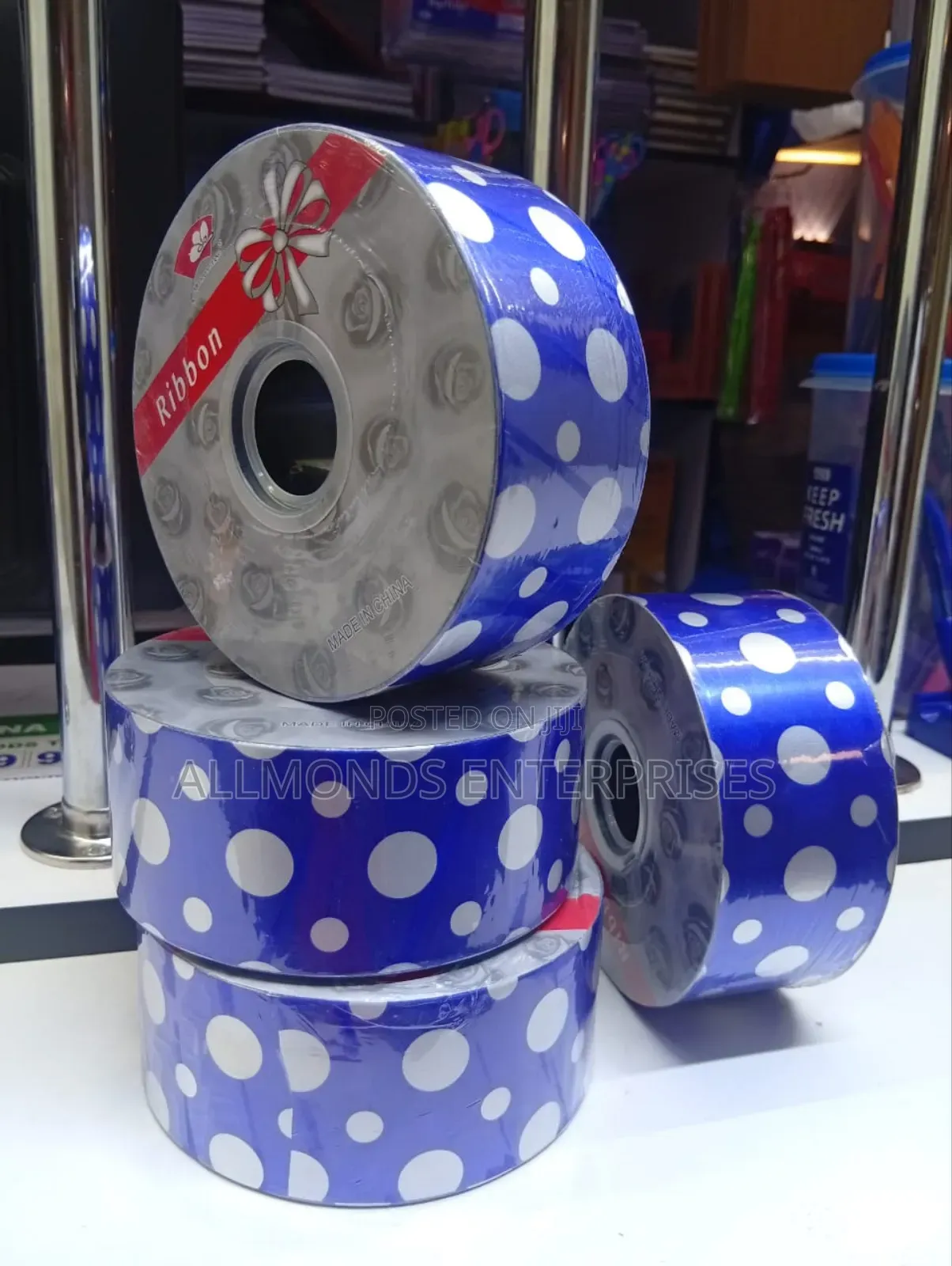 Royal Blue-Dotted White Ribbons for Decoration