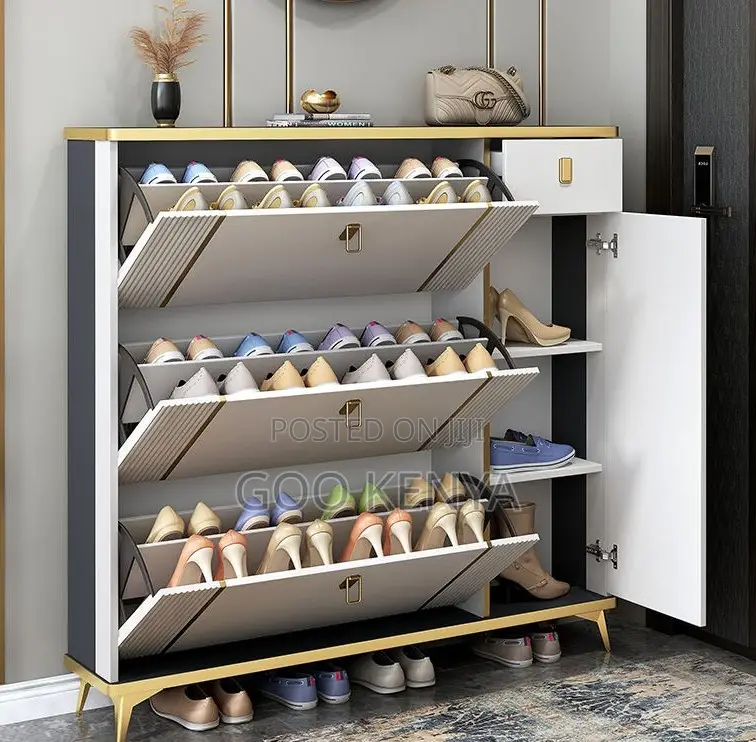 Home Shoe Rack; Modern Hallway Shoe Rack With Flip-Drawer Wood Finish
