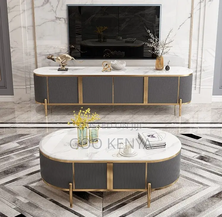 Home Tv Table Set; Modern Wooden Tv and Coffee Table With Gold Accents