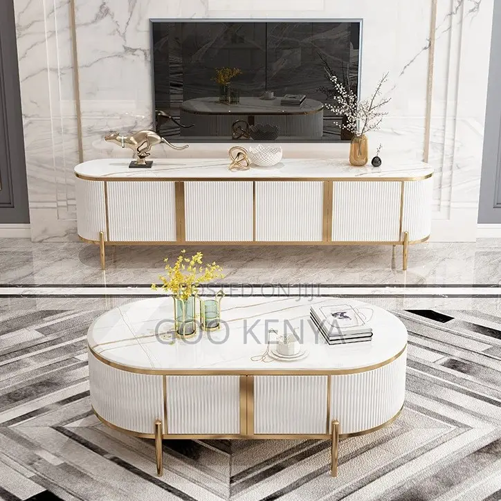 Home Tv Table Set; Modern Wooden Tv and Coffee Table With Gold Accents