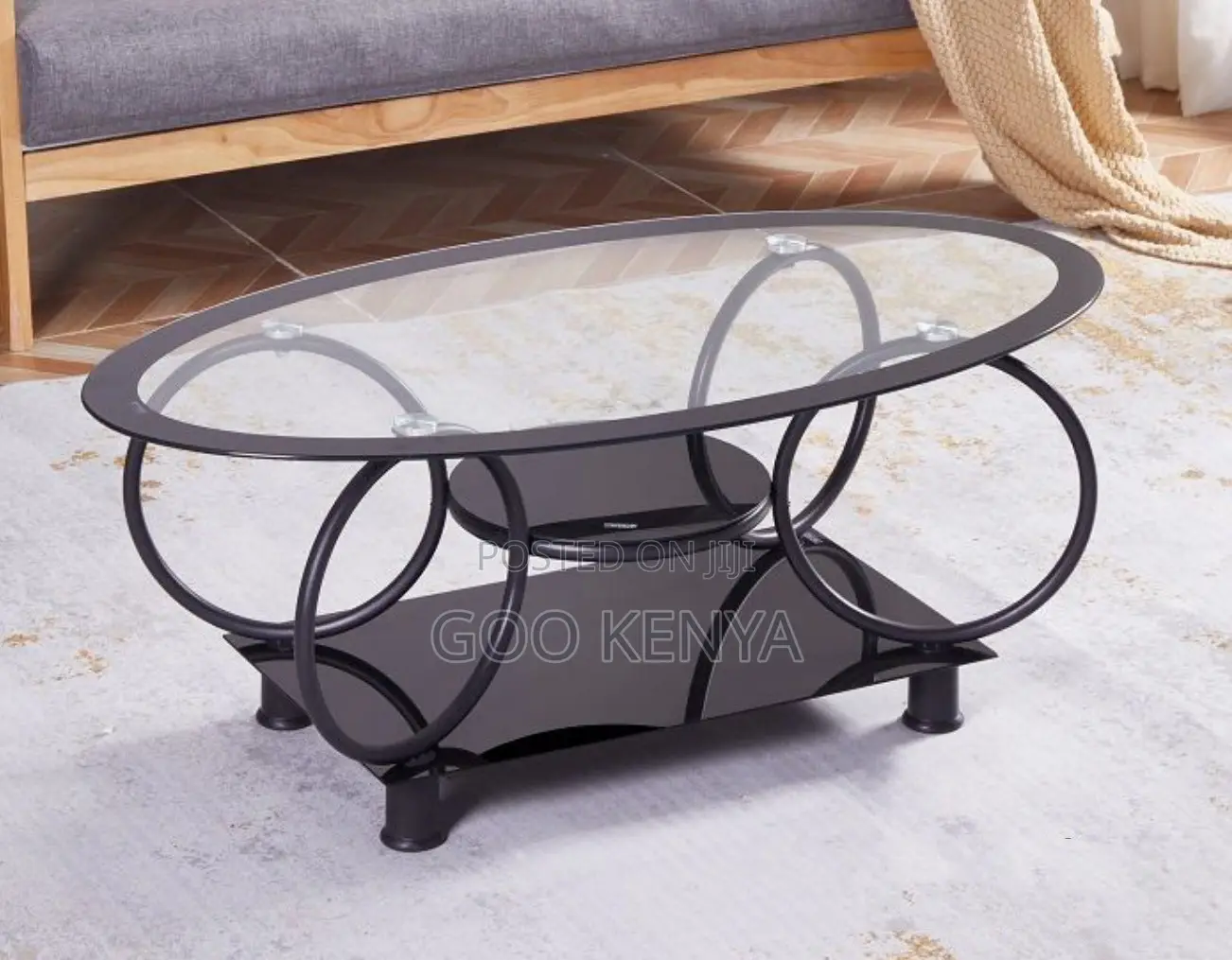 Home Table; Metal Frame Coffee Table With Oval Glass Top and Rings