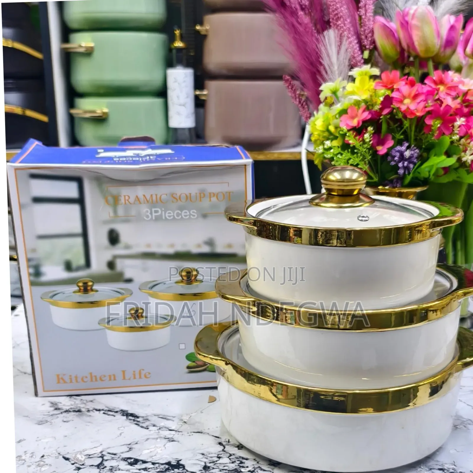 *3pc Set Gold Ceramic Serving Dishes With Glass Cover