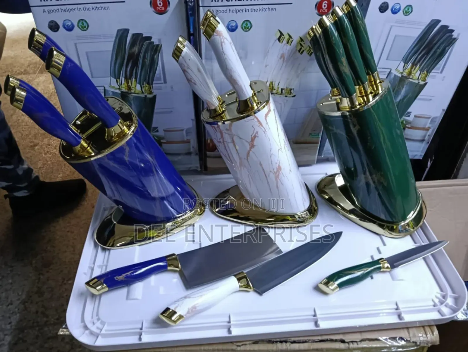 6pcs Kitchen Knife Sets With Round Stand and Gold Base