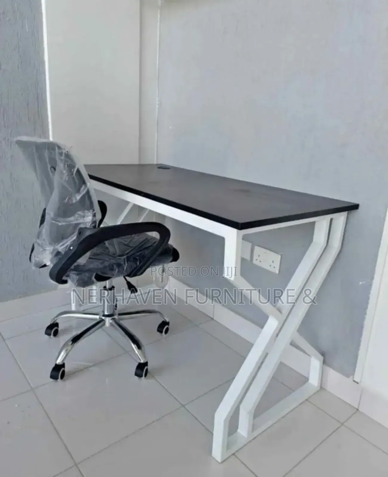 Office White Metal Desk + Mesh Office Chair