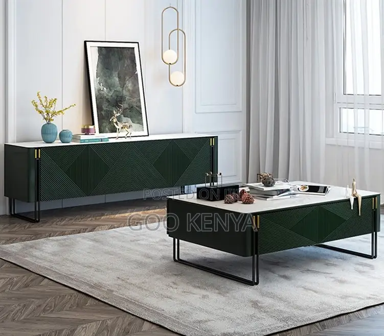 Home Cabinet; Metal Leg Wood Coffee Table With Cupboards