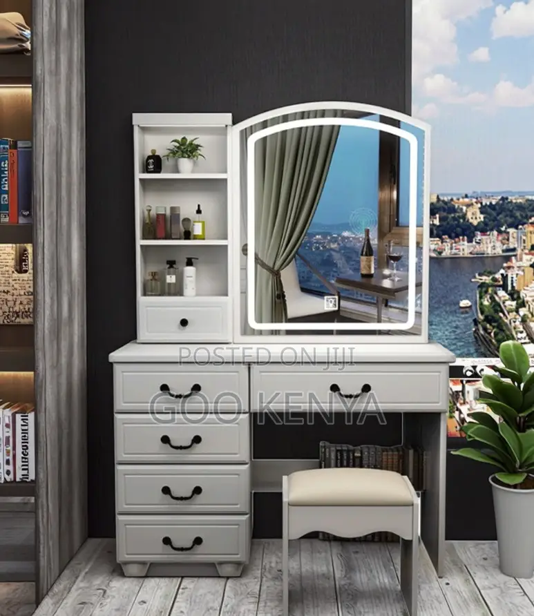 Home Dressing Table Set; Large Capacity Vanity Desk With Panel Mirror