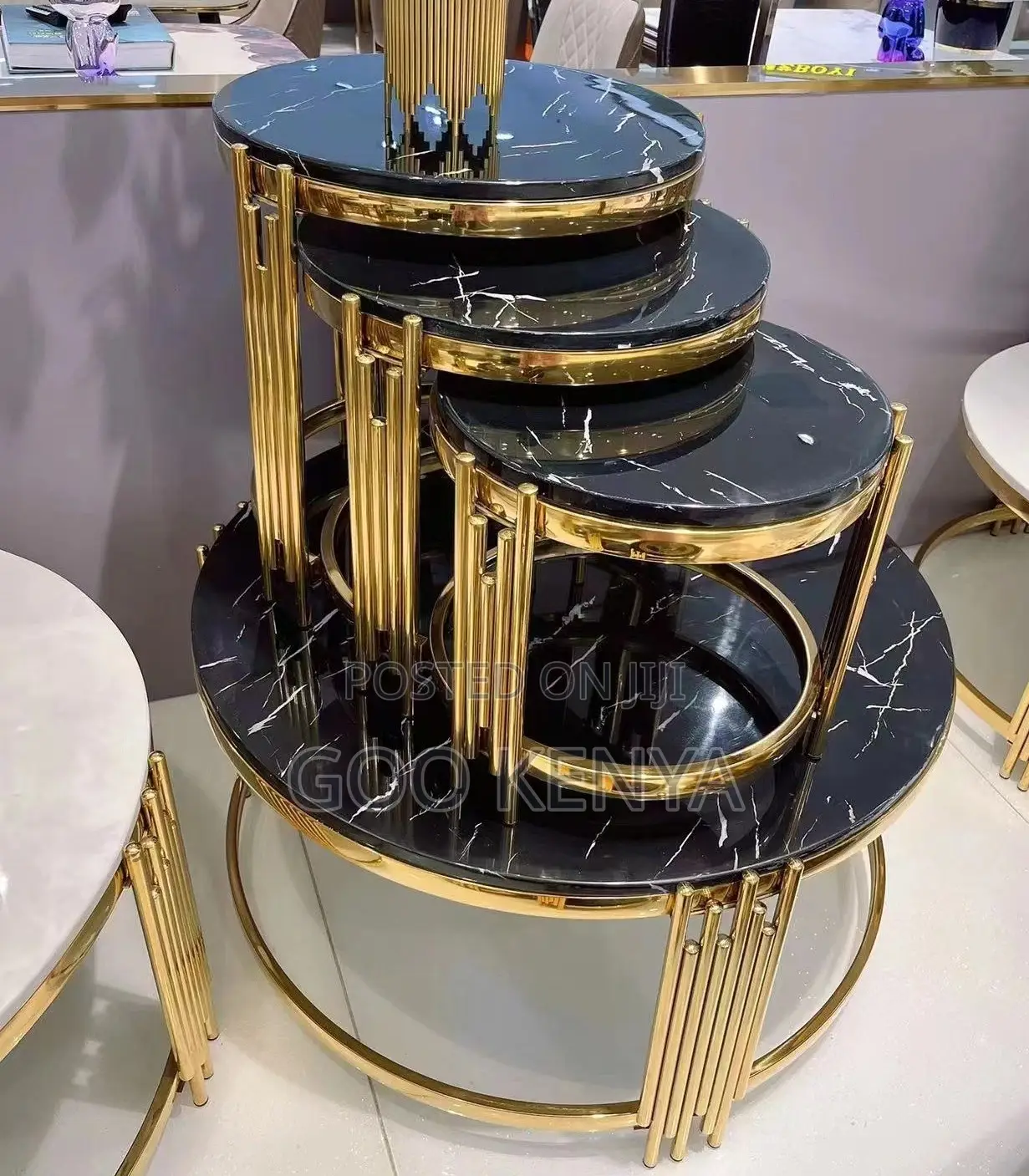Home Table Set; Glossy Gold Frame Side and Coffee Table Set Furniture