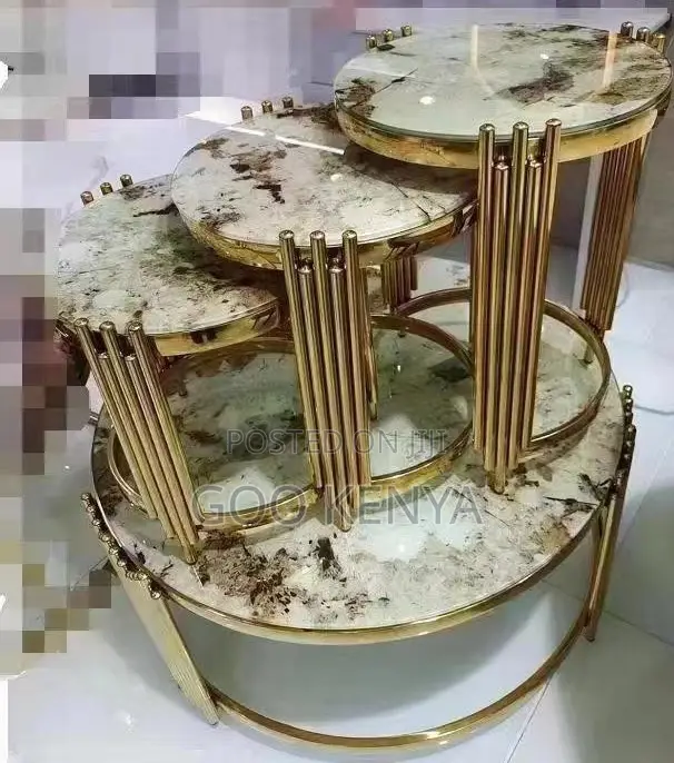 Home Table Set; Glossy Gold Frame Side and Coffee Table Set Furniture
