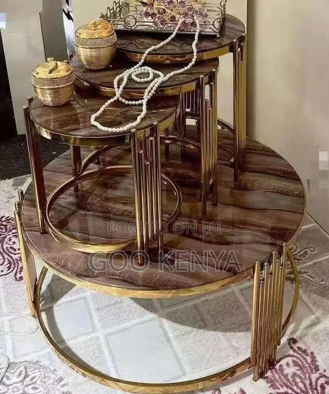Home Table Set; Glossy Gold Frame Side and Coffee Table Set Furniture