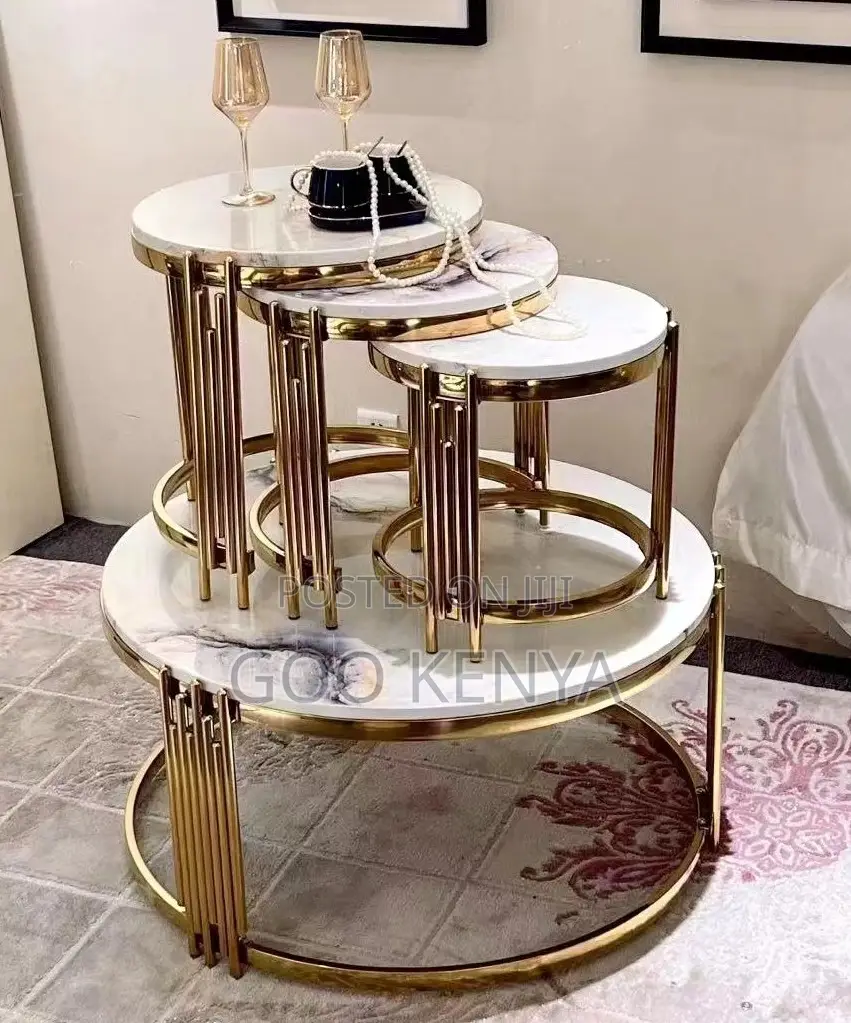 Home Table Set; Glossy Gold Frame Side and Coffee Table Set Furniture