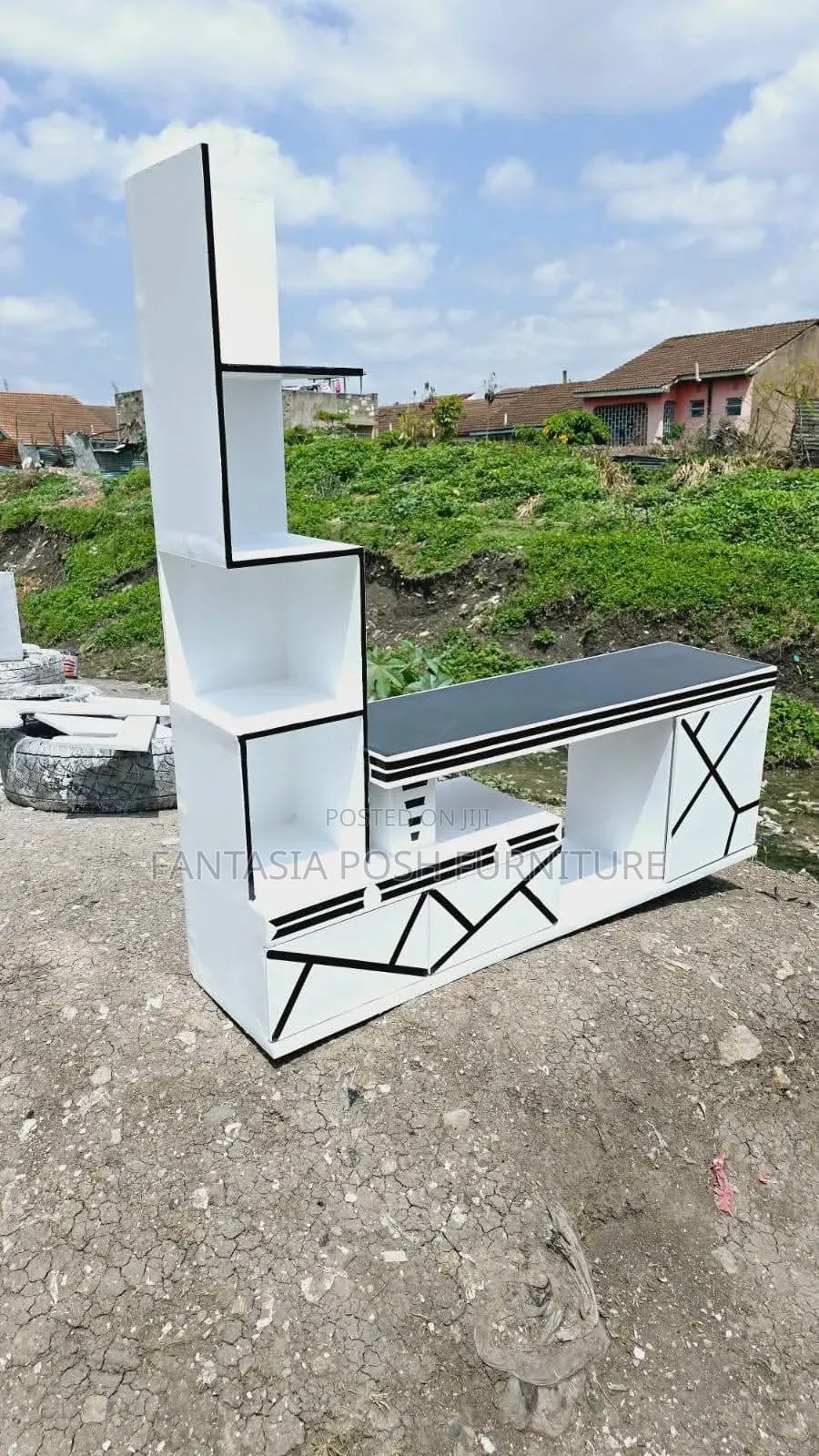 White Tv Stand With Black Geometric Design