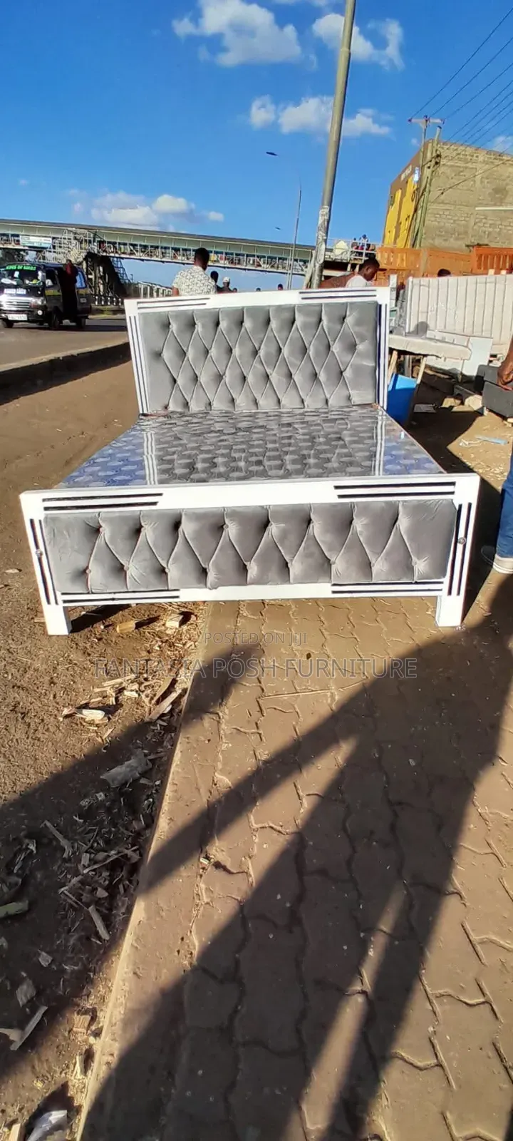 5x6 White Button-Tufted Bed With Black Stripes