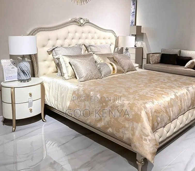Home Bed; Modern French Luxury Bed Frame With Carved Headboard