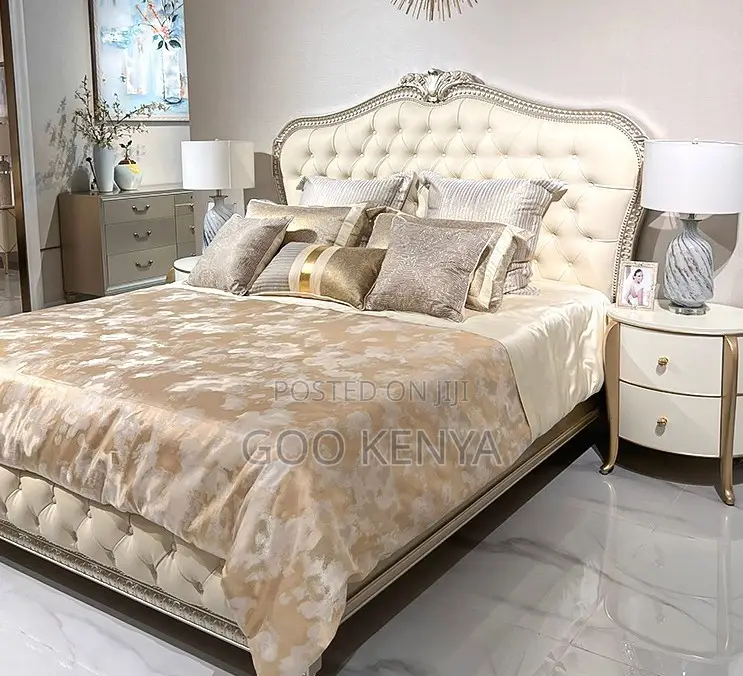 Home Bed; Modern French Luxury Bed Frame With Carved Headboard