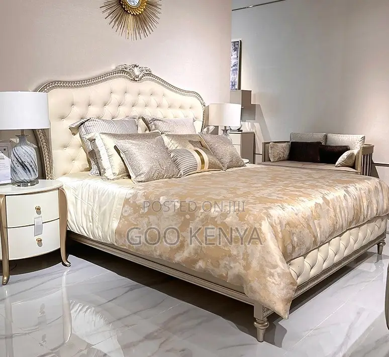 Home Bed; Modern French Luxury Bed Frame With Carved Headboard