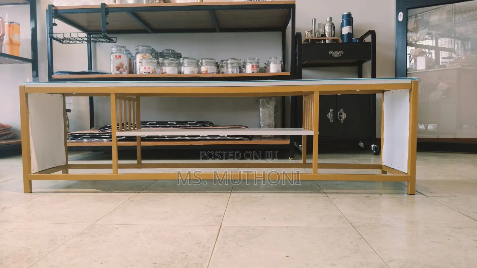 Double Shelf Glass Top Tv Stand With Gold Frame