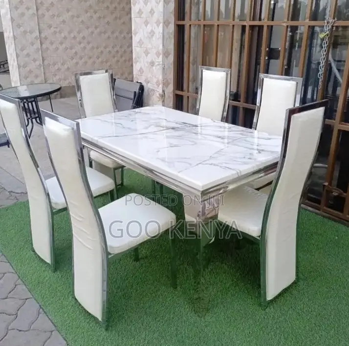 Home Dining Set; Elegant Marble Top Dining Table With 6 Leather Chairs