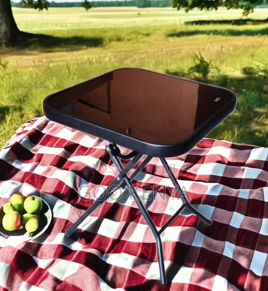 Home Table; Durable Black Glass Top Folding Table for Garden and Patio