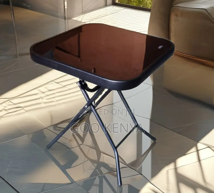 Home Table; Durable Black Glass Top Folding Table for Garden and Patio