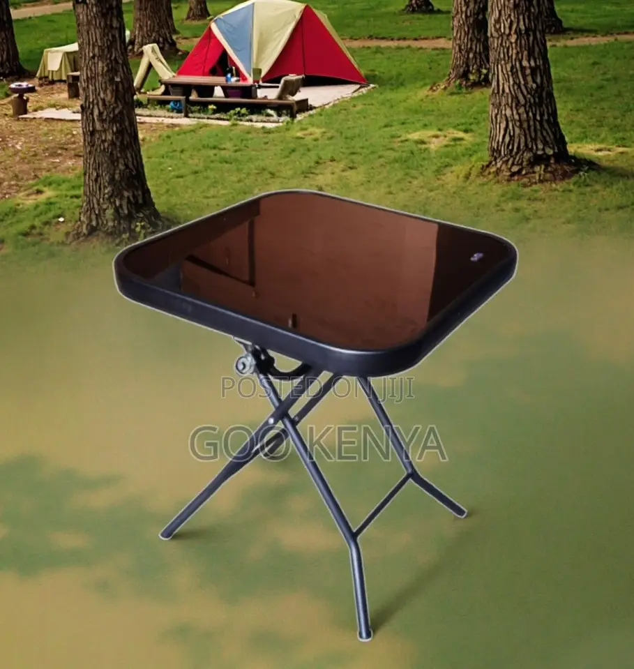 Home Table; Durable Black Glass Top Folding Table for Garden and Patio