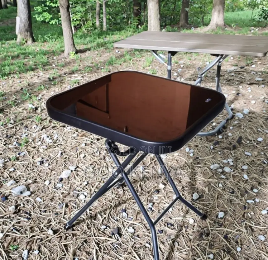 Home Table; Durable Black Glass Top Folding Table for Garden and Patio