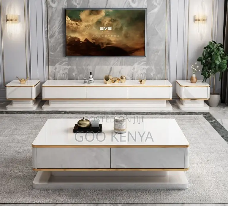 Home Tv Cabinet Table Set; High-End White Gold Tv Console With Table