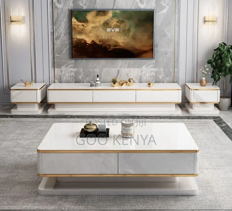 Home Tv Cabinet Table Set; High-End White Gold Tv Console With Table