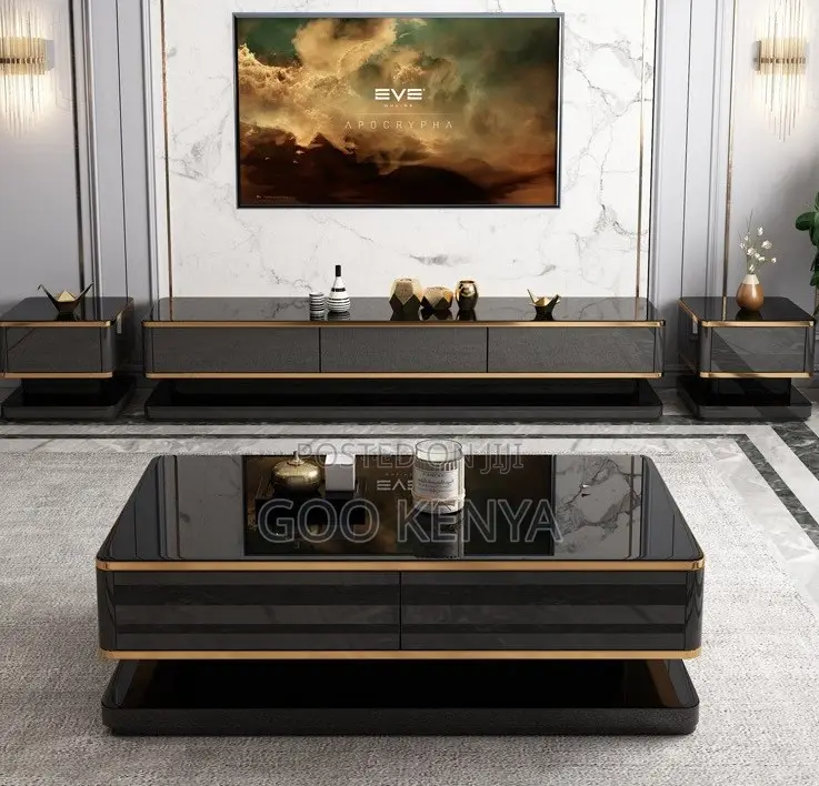 Home Tv Cabinet Table Set; High-End White Gold Tv Console With Table
