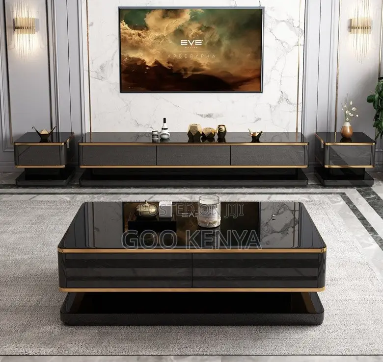 Home Tv Cabinet Table Set; High-End White Gold Tv Console With Table