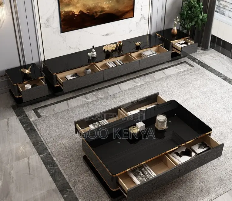 Home Tv Cabinet Table Set; High-End White Gold Tv Console With Table