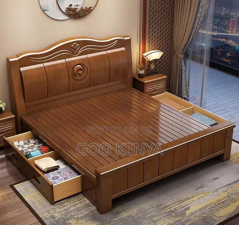 Home Bed; High-End Pure Mahogany Fininsh Queen Bed With Two Nightstand