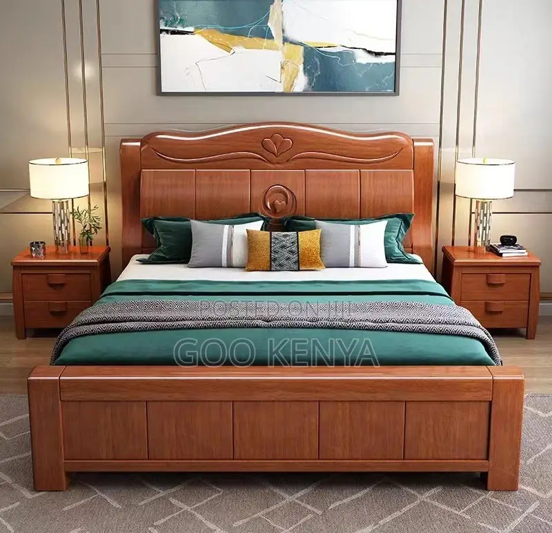 Home Bed; High-End Pure Mahogany Fininsh Queen Bed With Two Nightstand