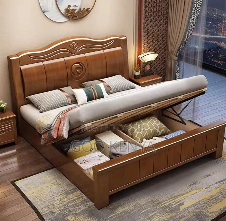 Home Bed; High-End Pure Mahogany Fininsh Queen Bed With Two Nightstand