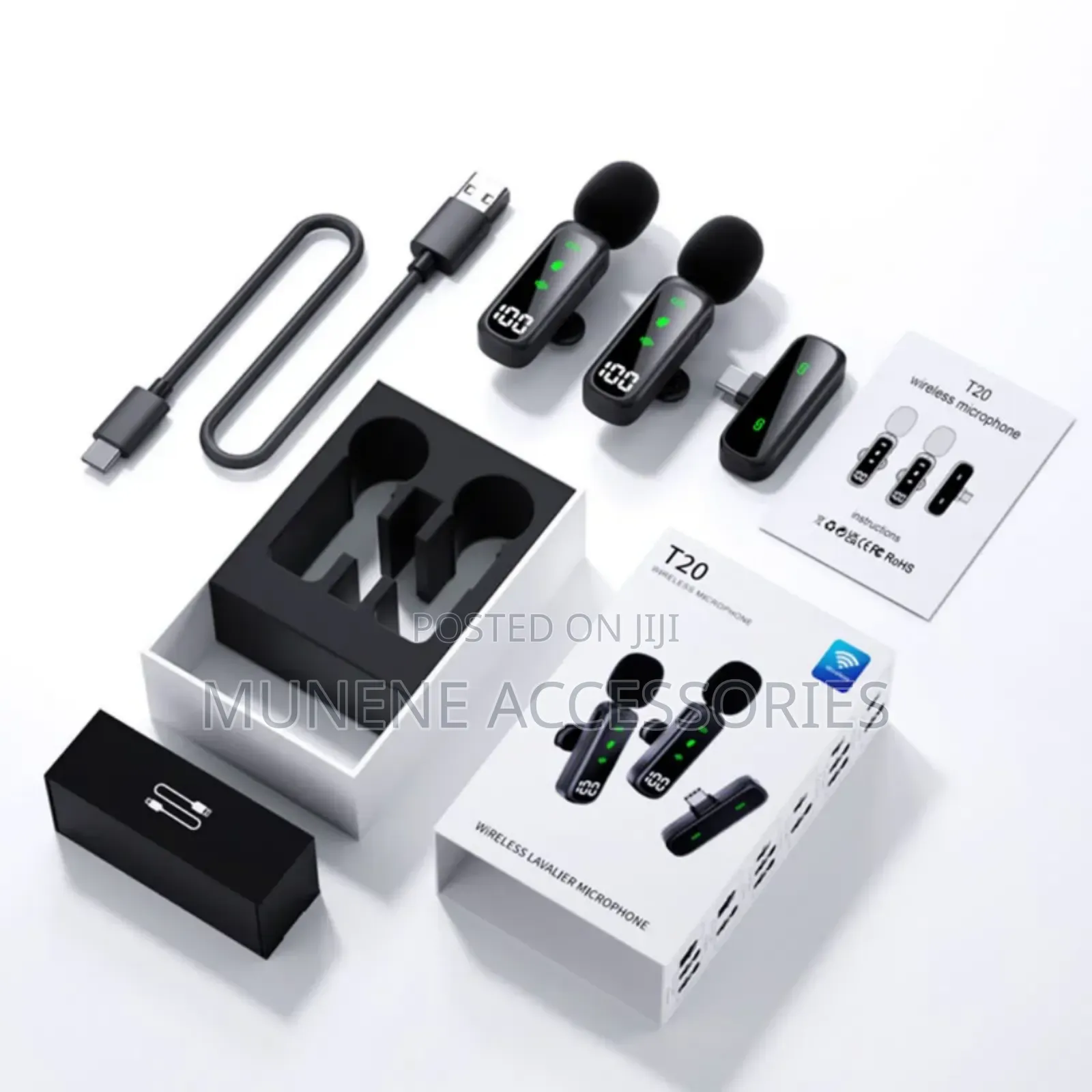 T20 Wireless Dual Lavalier Type C Microphone Noise Reduction, Battery