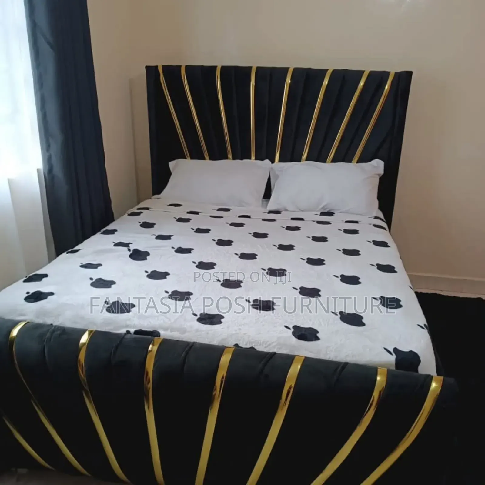 5x6 Black Velvet Platform Bed With Gold Stripes