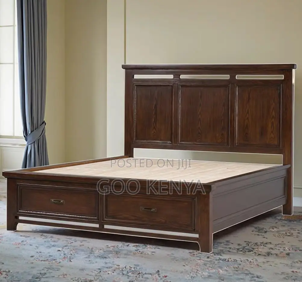 Home Bed; Wooden King Size Bed With Dual Storage Drawers