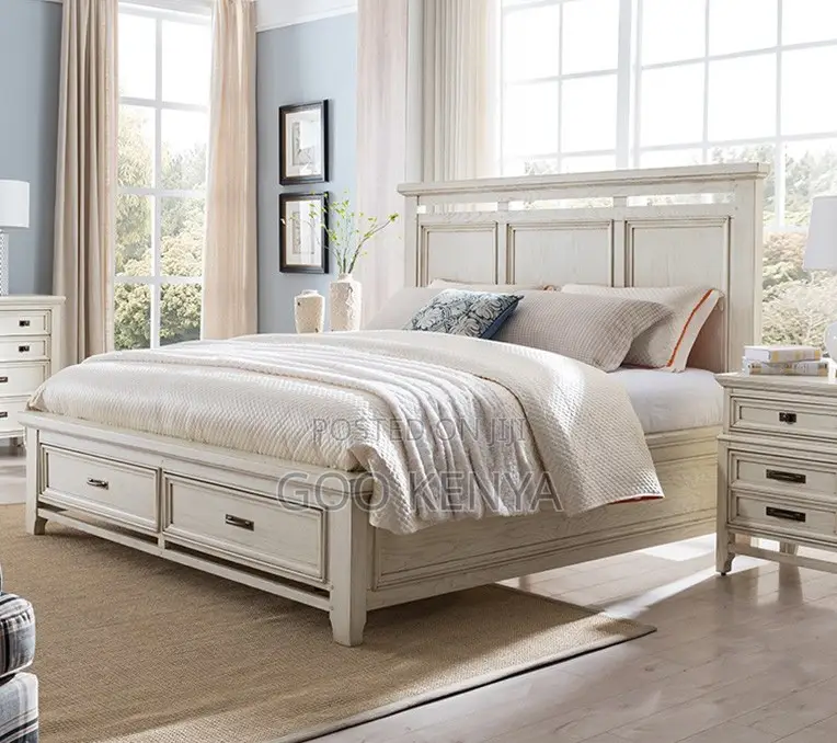 Home Bed; Wooden King Size Bed With Dual Storage Drawers