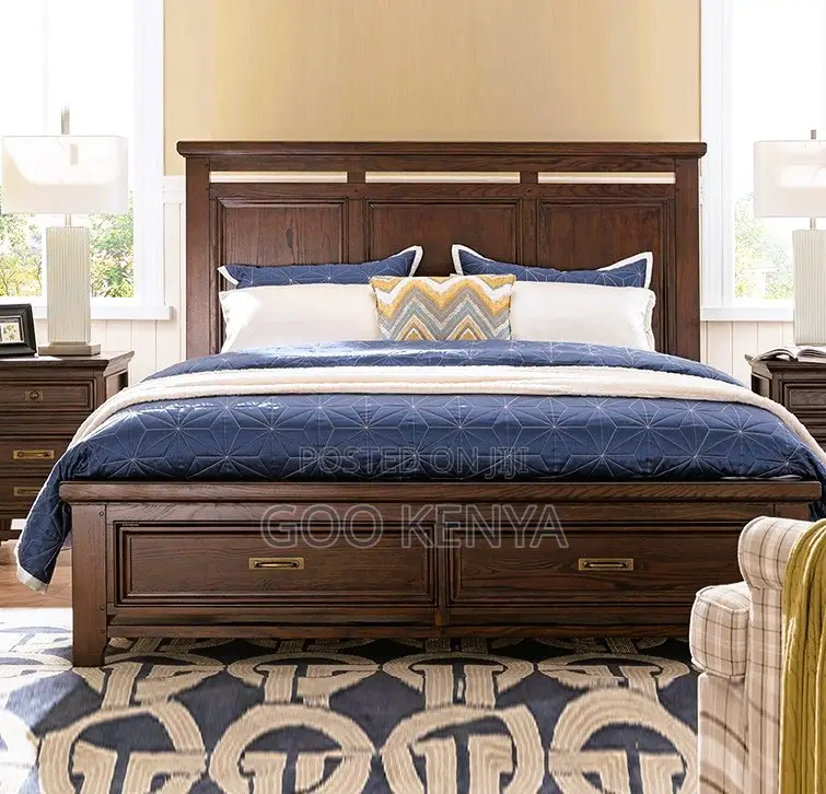 Home Bed; Wooden King Size Bed With Dual Storage Drawers