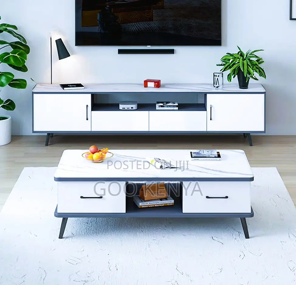 Home Tv Table Set;Tv Cabinet Set – White Gray Console With Storage
