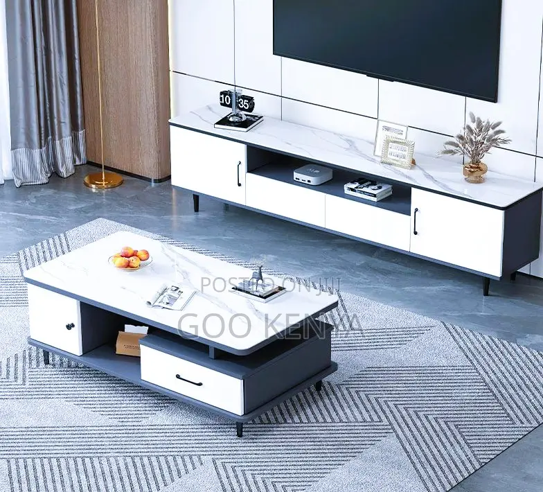 Home Tv Table Set;Tv Cabinet Set – White Gray Console With Storage