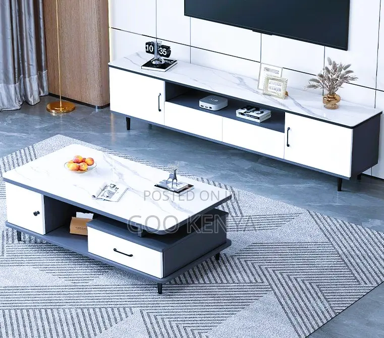 Home Tv Table Set;Tv Cabinet Set – White Gray Console With Storage