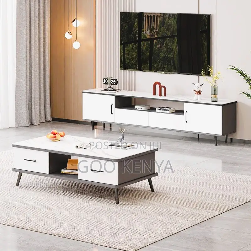 Home Tv Table Set;Tv Cabinet Set – White Gray Console With Storage