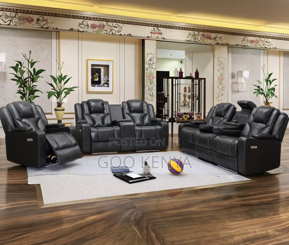 Home Sofa; 5-Seater Leather Family Recline Sofa With Cup Holder